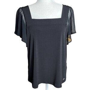 Calvin Klein Top Black Sheer Flutter Sleeve Square Neck Whimsygoth Womens M